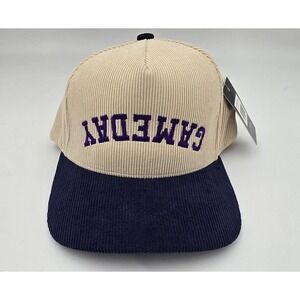 Upside‎ Down "Gameday" Corduroy Baseball Hat Snap Adjust Navy Cream Purple NWT